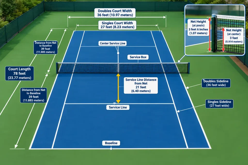Complete Dimensions of the Tennis Court